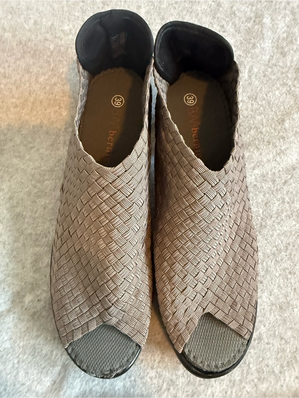 bernie mev. Taupe Woven Peep-Toe Slip-On Mules